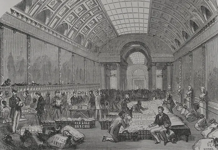 Framed Print : Franco-Prussian War (1870-1871): Central post office, installed in the Gallery of Battles of... 1871 Creators: Fernando Miranda, Manuel Ricord Framed Print : Franco-Prussian War (1870-1871): Central post office, installed in the Gallery of Battles of... 1871 Creators: Fernando Miranda, Manuel Ricord