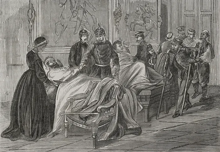Framed Print : Franco-Prussian War (1870-1871): King William I of Prussia (1797-1888) visiting the wounded... 1871 Creator: Unknown Framed Print : Franco-Prussian War (1870-1871): King William I of Prussia (1797-1888) visiting the wounded... 1871 Creator: Unknown