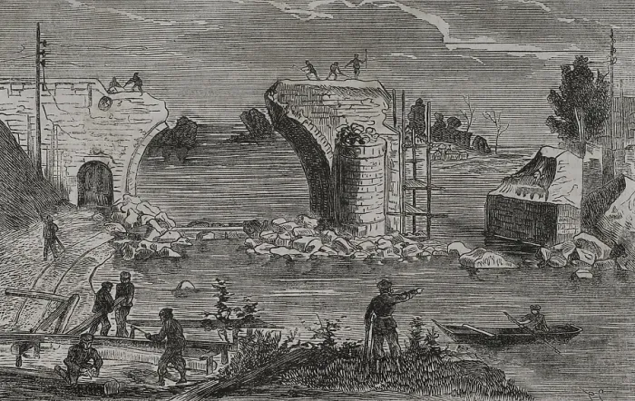 Framed Print : Franco-Prussian War (1870-1871): Reparation of the railway bridge over the Marne river at Trilport.. Creator: Unknown Framed Print : Franco-Prussian War (1870-1871): Reparation of the railway bridge over the Marne river at Trilport.. Creator: Unknown