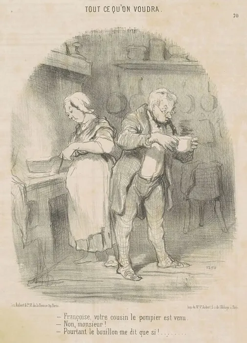 Framed Print : Francois, votre cousin le pompier est venu... 19th century. Creator: Honore Daumier Framed Print : Francois, votre cousin le pompier est venu... 19th century. Creator: Honore Daumier