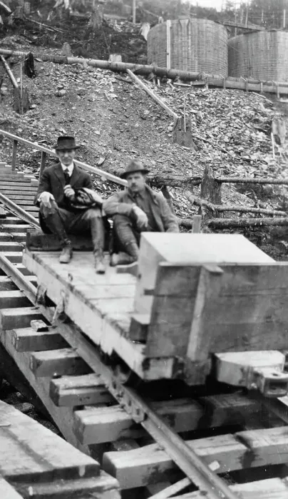 Framed Print : Frank G. Carpenter and man sitting on tracks, between c1900 and 1924. Creator: Unknown Framed Print : Frank G. Carpenter and man sitting on tracks, between c1900 and 1924. Creator: Unknown