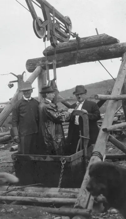 Framed Print : Frank G. Carpenter in middle of bucket at gold mine, between c1900 and 1916. Creator: Unknown Framed Print : Frank G. Carpenter in middle of bucket at gold mine, between c1900 and 1916. Creator: Unknown