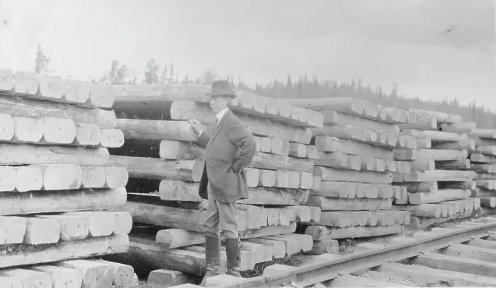 Framed Print : Frank G. Carpenter standing by railroad ties, between c1900 and 1916. Creator: Unknown Framed Print : Frank G. Carpenter standing by railroad ties, between c1900 and 1916. Creator: Unknown