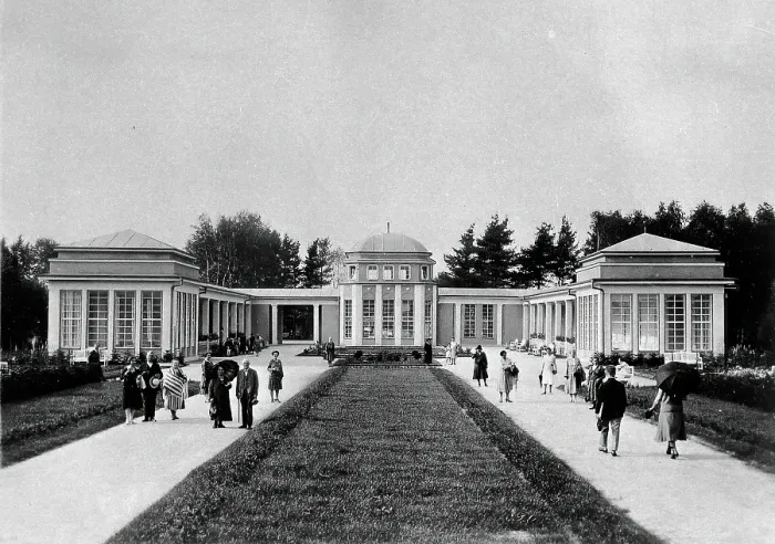 Framed Print : Franzensbad (Frantiskovy Lazne), Czechoslovakia: an exterior view of the two paths... c1930s. Creator: Unknown Framed Print : Franzensbad (Frantiskovy Lazne), Czechoslovakia: an exterior view of the two paths... c1930s. Creator: Unknown