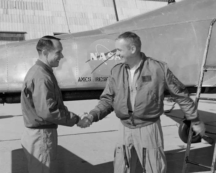 Framed Print : Fred Drinkwater congratulating Neil Armstrong, California, USA, February 1964 Framed Print : Fred Drinkwater congratulating Neil Armstrong, California, USA, February 1964