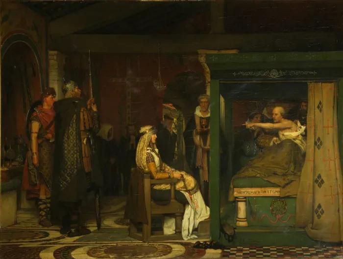 Framed Print : Fredegund visits Bishop Praetextatus on his deathbed, 1864. Artist: Alma-Tadema, Sir Lawrence (1836-1912) Framed Print : Fredegund visits Bishop Praetextatus on his deathbed, 1864. Artist: Alma-Tadema, Sir Lawrence (1836-1912)