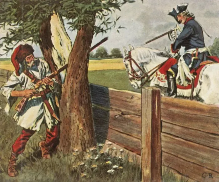 Framed Print : Frederick the Great escapes danger through quick thinking, 1758, (1936). Creator: Unknown Framed Print : Frederick the Great escapes danger through quick thinking, 1758, (1936). Creator: Unknown