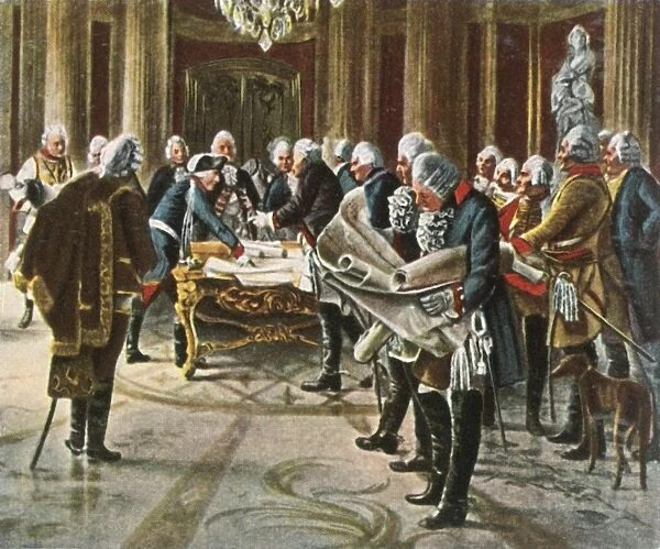 Frederick the Great holds a council of war with his generals, August 1756, (1936)