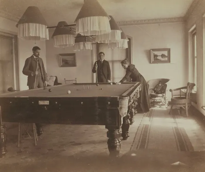 Framed Print : Fredericks Pray, David M Clarkson, and Sarah E Smith, posed by the billiard table... Russia, 1899. Creator: Eleanor Lord Pray Framed Print : Fredericks Pray, David M Clarkson, and Sarah E Smith, posed by the billiard table... Russia, 1899. Creator: Eleanor Lord Pray