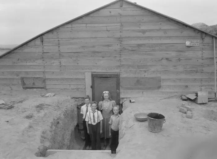 Framed Print : The Free children in doorway of their home in Sunday clothes, Dead Ox Flat, Oregon, 1939. Creator: Dorothea Lange Framed Print : The Free children in doorway of their home in Sunday clothes, Dead Ox Flat, Oregon, 1939. Creator: Dorothea Lange