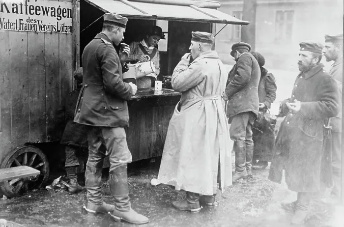 Framed Print : Free coffee wagon, Lotzen, between c1910 and c1915. Creator: Bain News Service Framed Print : Free coffee wagon, Lotzen, between c1910 and c1915. Creator: Bain News Service