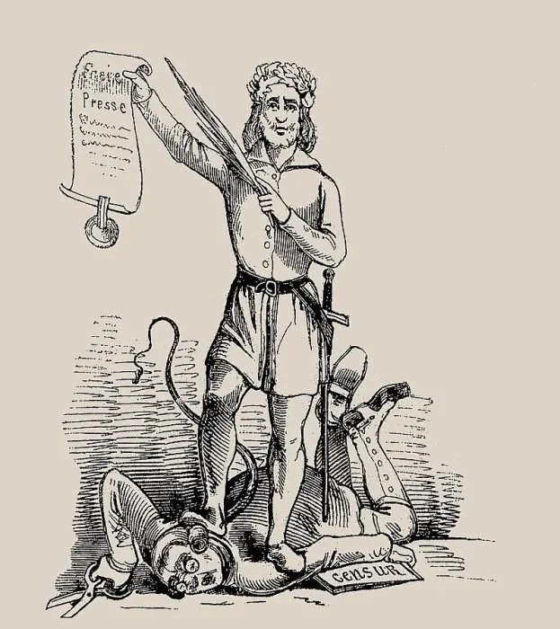 Framed Print : Freedom of the press. Cartoon from the satirical magazine Leuchtkugeln, 1848. Creator: Anonymous Framed Print : Freedom of the press. Cartoon from the satirical magazine Leuchtkugeln, 1848. Creator: Anonymous