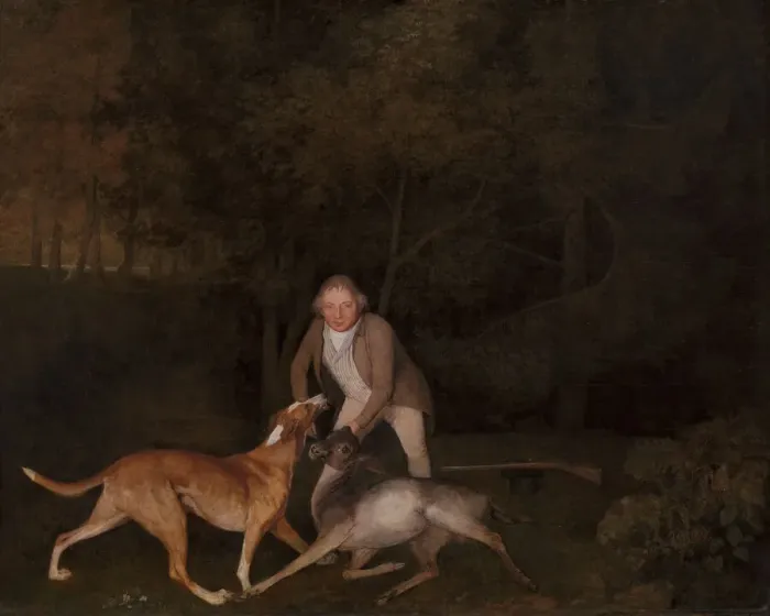 Framed Print : Freeman, the Earl of Clarendons gamekeeper, with a dying doe and hound, 1800 Framed Print : Freeman, the Earl of Clarendons gamekeeper, with a dying doe and hound, 1800