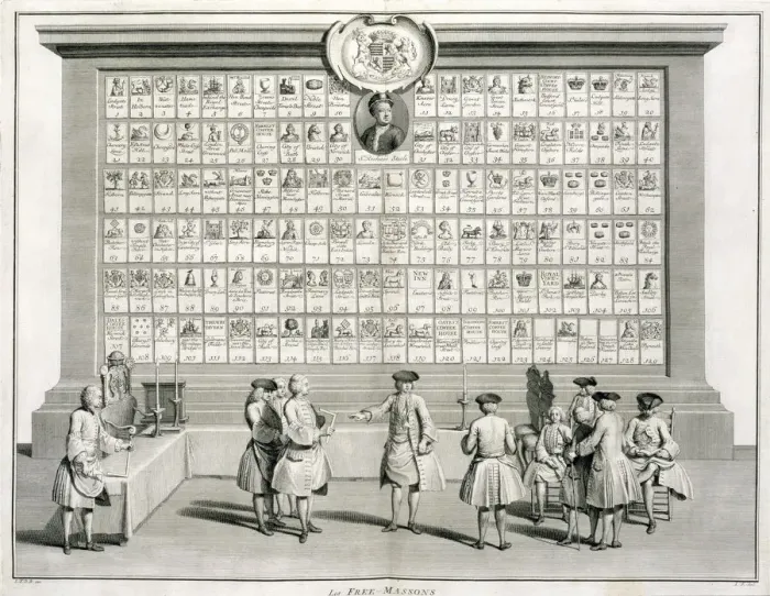 Framed Print : Freemasons, with signs for the various lodges, c1733 Framed Print : Freemasons, with signs for the various lodges, c1733