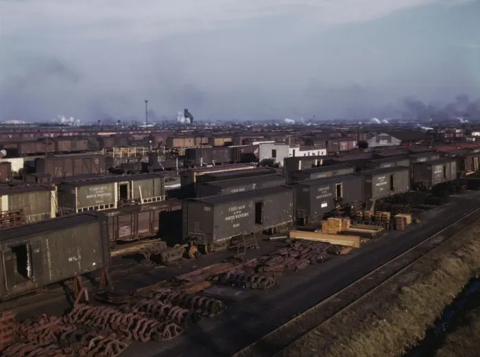 Framed Print : Freight cars being maneuvered in a Chicago and North Western railroad yard, Chicago, Ill. 1942. Creator: Jack Delano Framed Print : Freight cars being maneuvered in a Chicago and North Western railroad yard, Chicago, Ill. 1942. Creator: Jack Delano