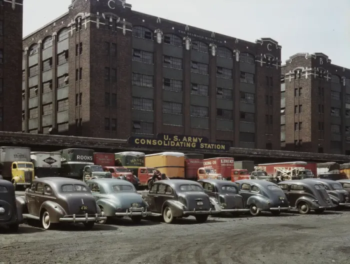 Framed Print : Freight Depot of the U. S. Army consolidating station, Chicago, Illinois, 1943. Creator: Jack Delano Framed Print : Freight Depot of the U. S. Army consolidating station, Chicago, Illinois, 1943. Creator: Jack Delano