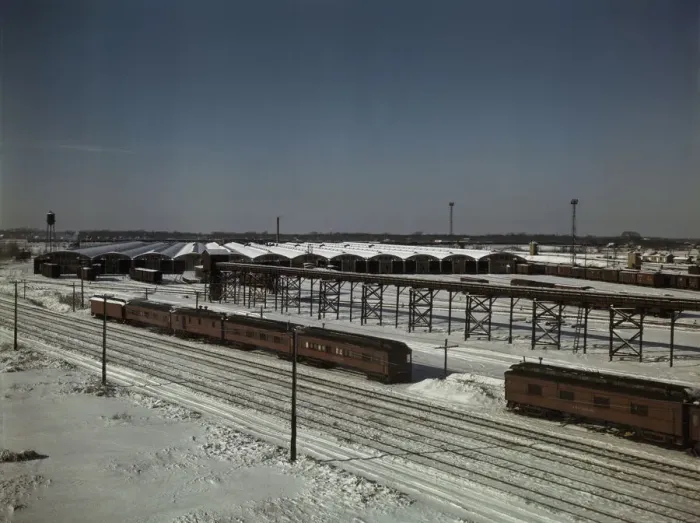 Framed Print : The freight house at a Chicago and Northwestern Railroad yard, Chicago, Ill. 1942. Creator: Jack Delano Framed Print : The freight house at a Chicago and Northwestern Railroad yard, Chicago, Ill. 1942. Creator: Jack Delano