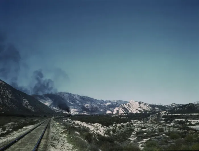 Framed Print : Freight train going up Cajon Pass through the San Bernardino Mountains, Cajon, Calif. 1943. Creator: Jack Delano
