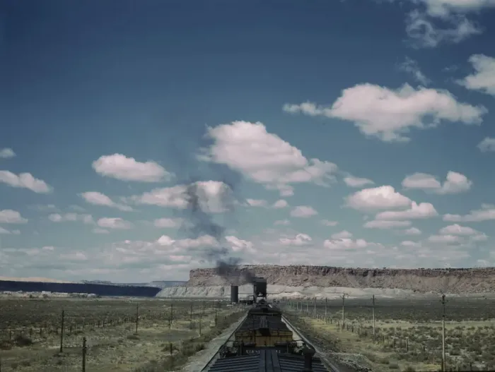 Framed Print : A freight train stopping for coal and water at a siding enroute to Gallup, New Mexico, 1943. Creator: Jack Delano Framed Print : A freight train stopping for coal and water at a siding enroute to Gallup, New Mexico, 1943. Creator: Jack Delano
