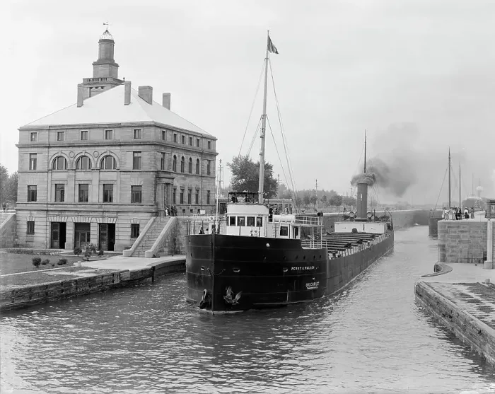 Framed Print : Freighter in Poe Lock, looking down, Sault Ste. Marie, Mich. between 1903 and 1910. Creator: Unknown Framed Print : Freighter in Poe Lock, looking down, Sault Ste. Marie, Mich. between 1903 and 1910. Creator: Unknown