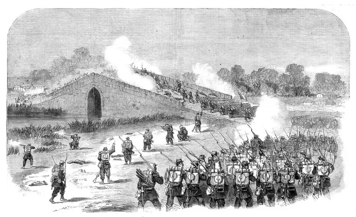 Framed Print : The French attack on the Bridge Pa-Li-Chian, eight miles from Pekin... 1860. Creator: Unknown Framed Print : The French attack on the Bridge Pa-Li-Chian, eight miles from Pekin... 1860. Creator: Unknown