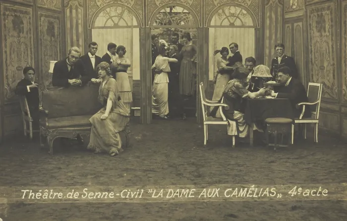 Framed Print : French or Belgian prisoners of war, some in drag, posing on stage during a crowded scene... (1918?) Creator: Unknown Framed Print : French or Belgian prisoners of war, some in drag, posing on stage during a crowded scene... (1918?) Creator: Unknown