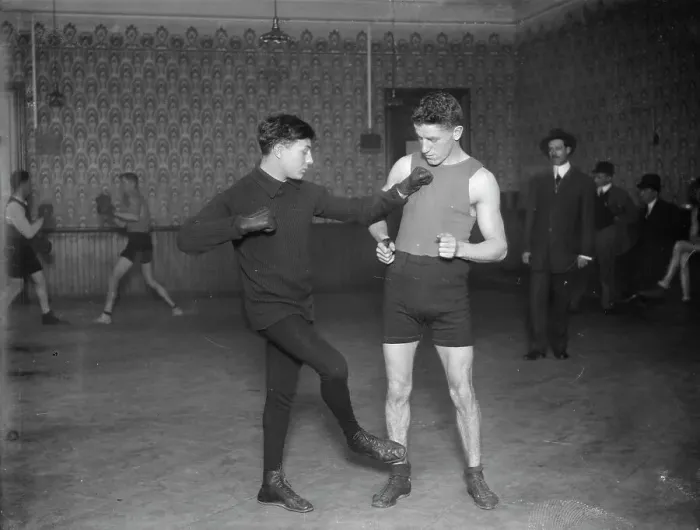 Framed Print : French boxer Charles Little Apache Ledoux and Frank Fleming, between c1910 and c1915. Creator: Bain News Service Framed Print : French boxer Charles Little Apache Ledoux and Frank Fleming, between c1910 and c1915. Creator: Bain News Service