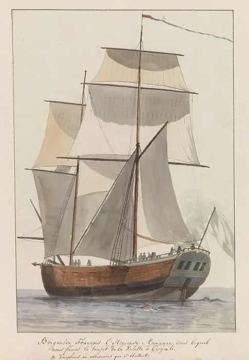 Framed Print : French brigantine ship l'Heureuse Marianne on tour from Valetta to... 1778. Creator: Louis Ducros Framed Print : French brigantine ship l'Heureuse Marianne on tour from Valetta to... 1778. Creator: Louis Ducros