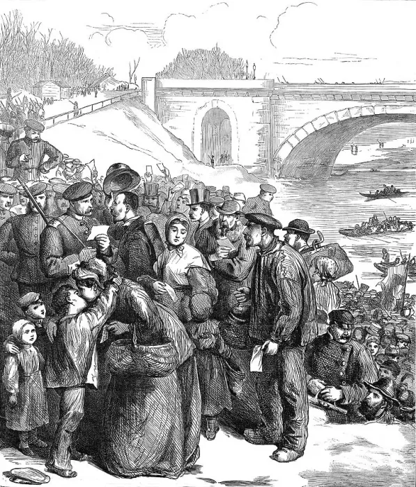Framed Print : French coming into the Prussian lines for bread, at the ferry of Sevres, 1871. Creator: Unknown Framed Print : French coming into the Prussian lines for bread, at the ferry of Sevres, 1871. Creator: Unknown