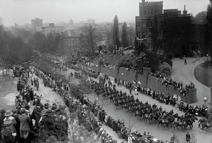 Framed Print : French Commission To U.S. - Procession Down 16th Street, 1917. Creator: Harris & Ewing. French Commission To U.S. - Procession Down 16th Street, 1917. Creator: Harris & Ewing