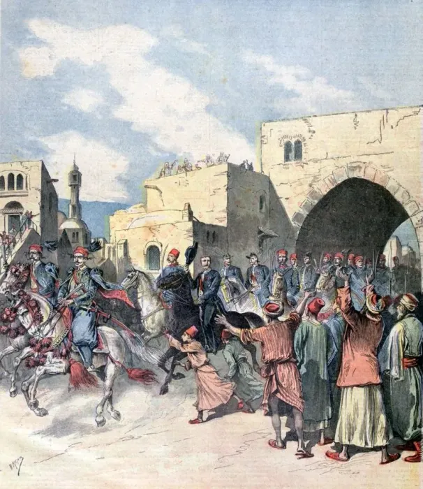 Framed Print : The French consul arrives in Bethlehem during Christmas festivities, 1892. Artist: Henri Meyer Framed Print : The French consul arrives in Bethlehem during Christmas festivities, 1892. Artist: Henri Meyer