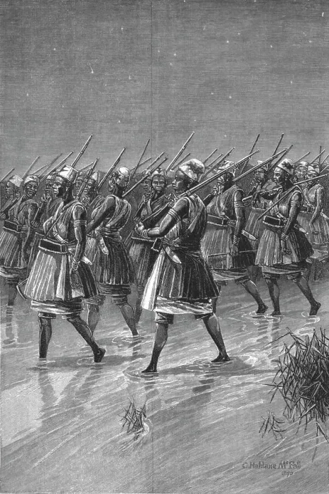 Framed Print : The French in Dahomey -- The King of Dahomey's Amazons crossing a swamp on the march, 1890. Creator: Unknown Framed Print : The French in Dahomey -- The King of Dahomey's Amazons crossing a swamp on the march, 1890. Creator: Unknown