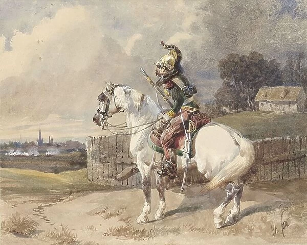 French dragoon on a white horse, 1825-1875. Creator: Théodore Fort
