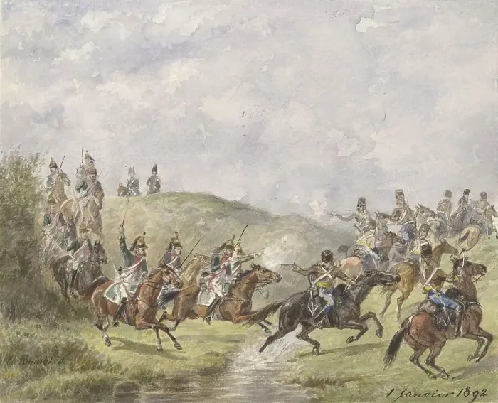 Framed Print : French Dragoons and Austrian hussars, 1892. Creator: Karel Frederik Bombled Framed Print : French Dragoons and Austrian hussars, 1892. Creator: Karel Frederik Bombled