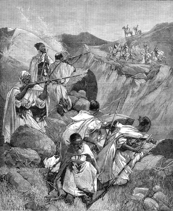 Framed Print : The French Expedition to Tunis: Goums, reconnoitring, attacked by Khroumirs, 1881. Creator: W. I. Mosses Framed Print : The French Expedition to Tunis: Goums, reconnoitring, attacked by Khroumirs, 1881. Creator: W. I. Mosses