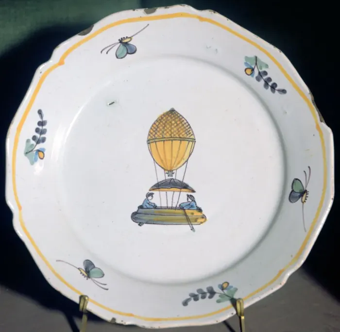 Framed Print : A French faience plate depicting Jean-Pierre Blanchards balloon trip Framed Print : A French faience plate depicting Jean-Pierre Blanchards balloon trip