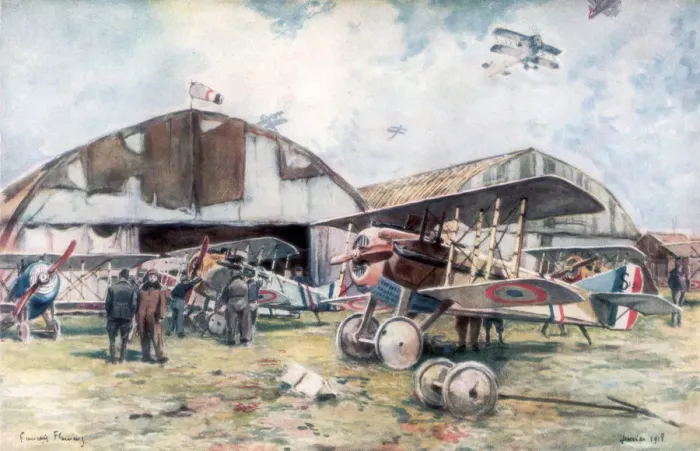 Framed Print : French Fighter Squadron Aerodrome, 1918, (1926). Artist: Francois Flameng Framed Print : French Fighter Squadron Aerodrome, 1918, (1926). Artist: Francois Flameng