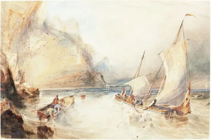 Framed Print : French Fishing Boats off a Rocky Coast, 1833. Creator: William Callow Framed Print : French Fishing Boats off a Rocky Coast, 1833. Creator: William Callow