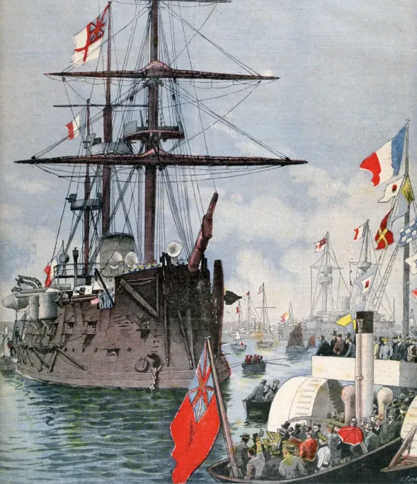 Framed Print : French Flotilla in Portsmouth Harbour, 1891. Artist: F Meaulle Framed Print : French Flotilla in Portsmouth Harbour, 1891. Artist: F Meaulle