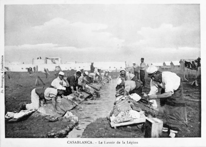 Framed Print : French Foreign Legion doing their washing, Casablanca, Morocco, 20th century. Artist: Boussuge