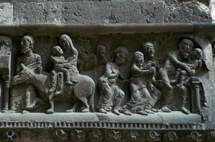 Framed Print : Detail of a French frieze depicting the flight into Egypt, 12th century Framed Print : Detail of a French frieze depicting the flight into Egypt, 12th century