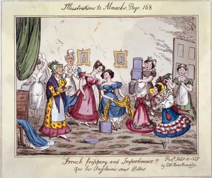 Framed Print : French frippery and impertinence!! Que les Anglaises sont Betes, 1827. Artist Framed Print : French frippery and impertinence!! Que les Anglaises sont Betes, 1827. Artist