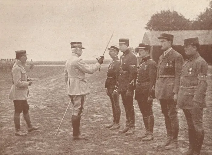 Framed Print : A French General conferring decorations on aviators, c1918 (1919) Framed Print : A French General conferring decorations on aviators, c1918 (1919)