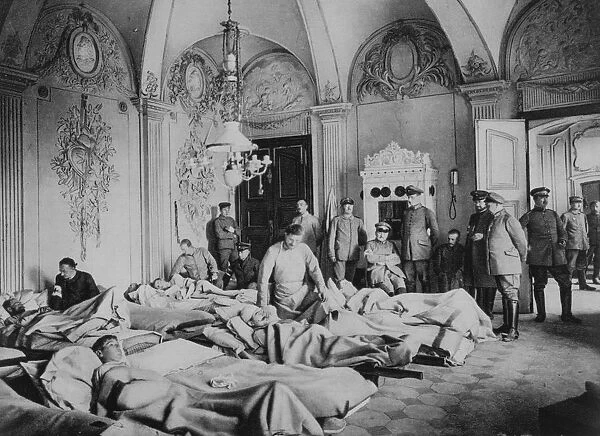 French and German wounded in a chateau in France, World War I, 1915