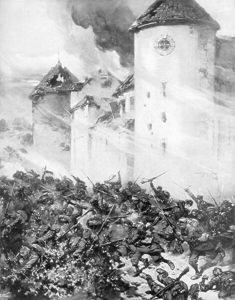 French and Germans battle under the walls of Chateau de Mondement, France, 1914. Artist: MHW Koekkok