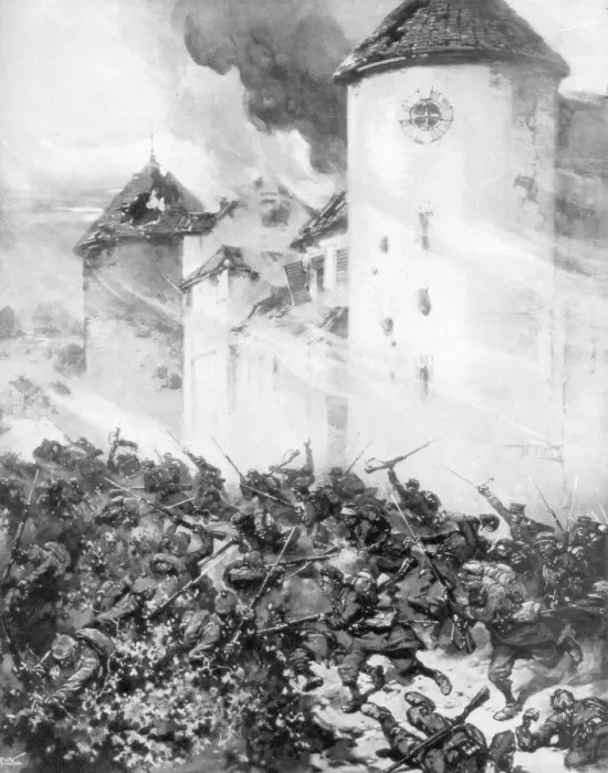 Framed Print : French and Germans battle under the walls of Chateau de Mondement, France, 1914. Artist: MHW Koekkok Framed Print : French and Germans battle under the walls of Chateau de Mondement, France, 1914. Artist: MHW Koekkok