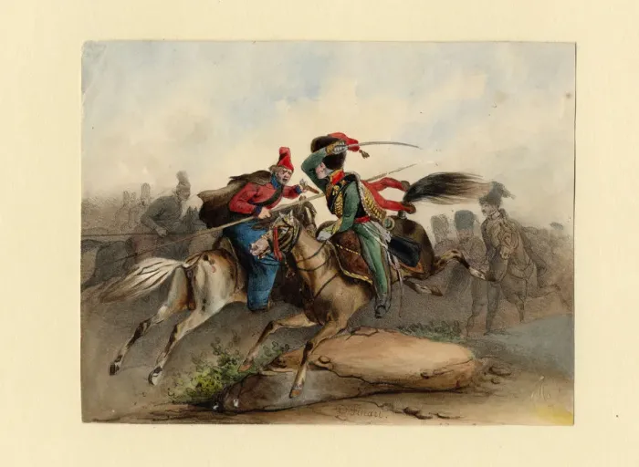 Framed Print : French Horse Chasseurs of the Imperial Guard in Combat with the Russian Cossacks, c. 1830. Artist: Finert (Finart), Noel Dieudonne (1797-1852) Framed Print : French Horse Chasseurs of the Imperial Guard in Combat with the Russian Cossacks, c. 1830. Artist: Finert (Finart), Noel Dieudonne (1797-1852)