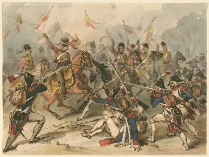 Framed Print : French infantry and Russian hussars in combat at Austerlitz. Artist: Goupil-Fesquet, Frederic (1817-1878) Framed Print : French infantry and Russian hussars in combat at Austerlitz. Artist: Goupil-Fesquet, Frederic (1817-1878)