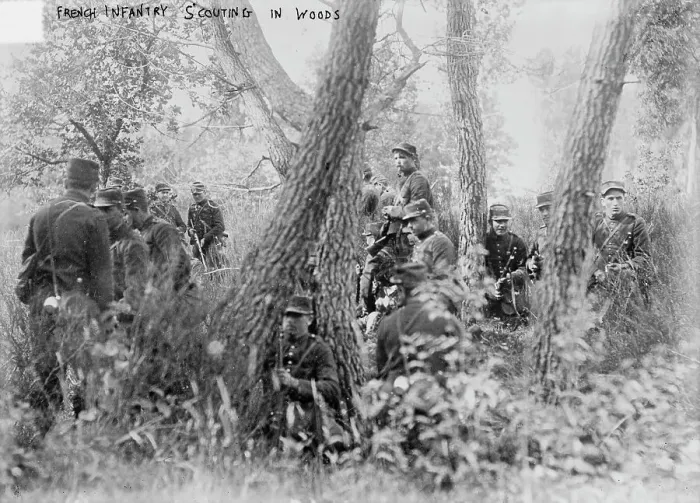 Framed Print : French Infantry scouting in woods, between c1914 and c1915. Creator: Bain News Service Framed Print : French Infantry scouting in woods, between c1914 and c1915. Creator: Bain News Service
