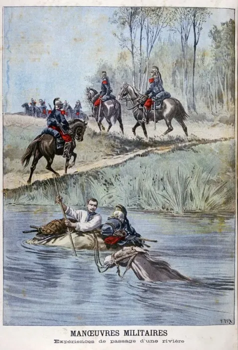 Framed Print : French military maneuvers, fording a river, 1898. Artist: Henri Meyer Framed Print : French military maneuvers, fording a river, 1898. Artist: Henri Meyer